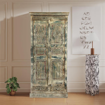 Antique Carved Armoire Crackled Beige Rustic Wardrobe Cabinet 81